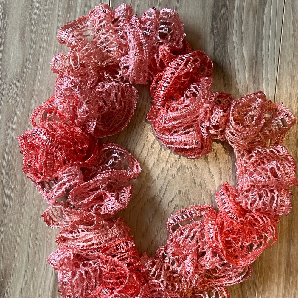 New Handmade Crochet Coral Colored Sequined Twirly Scarf 76” Long - Picture 5 of 14